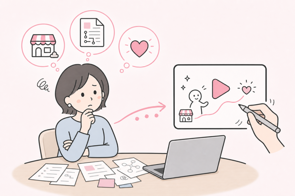 サービスの魅力や複雑な情報の伝え方に悩む女性