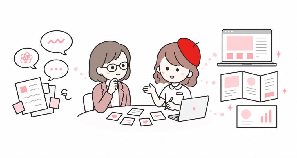 話を聴いて想いや情報を整理し、伝わるデザインへ形にする様子